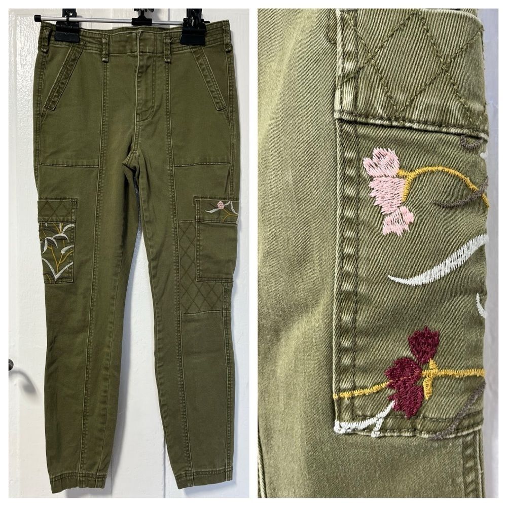 Anthropologie Olive green embroidered cargo style pant size 28